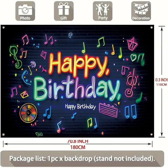 large 71x43 inch neon effect birthday porch banner suitable for indoor/outdoor birthday party decoration, with colorful music symbols, waterproof fabric suitable for terrace, courtyard, home and event decoration