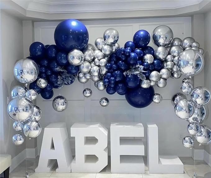 Blue White Silver Balloons Garland Arch Kit, 141Pcs Latex Balloons Different Sizes 18 12 10 5 Inch for Birthday Anniversary Graduation Wedding Party Decorations