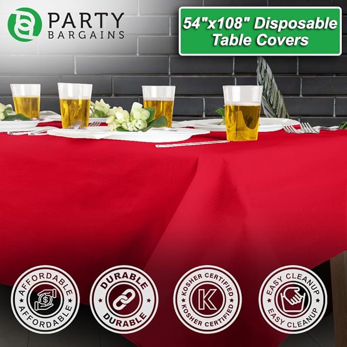 PARTY BARGAINS Disposable Table Covers, 54 x 108 Inch, Real-Red, 3-Ply Paper & Plastic Spill-Resistant Party Tablecloths, 1 Pack