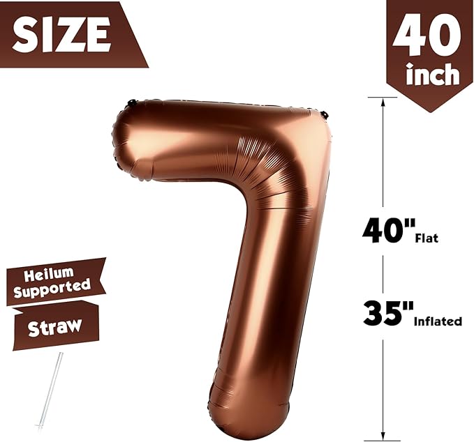 40 Inch Coffee Brown Number 7 Balloon, Giant 7 Number Balloons for 7th Birthday Decorations, Party Supplies for Baby Boy Girl, Coffee Brown Party Decor