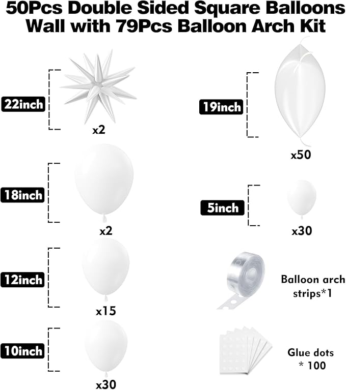 50pcs White Square Foil Balloons Wall Backdrop with 79pcs White Balloon Garland Arch Kit, Double Sided Balloon Tunnel for Birthday Anniversary Wedding Engagement Baby Shower Prom Decorations