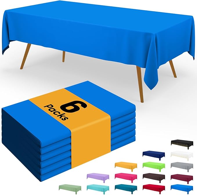 Smiry Disposable Table Cloth - 6 Pack, 54 x 132 Inch Waterproof Rectangle Tablecloths for Parties, Decorative Plastic Table Cover, Leakproof & Sturdy, Blue