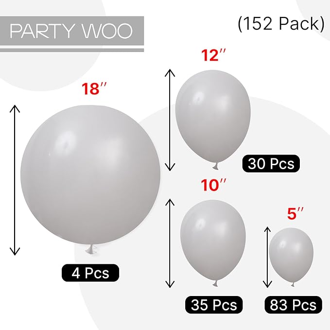 PartyWoo Gray Balloons 152pcs Different Sizes Pack of 18 12 10 5 Inch Matte Gray Latex Balloon Arch Kit Garland for Baby Shower Graduation Wedding Anniversary Birthday Party Decorations Gray-Y71
