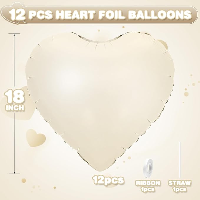 Cream White Heart Balloons,12Pcs Sand White Heart Shaped Foil Balloons,18Inch Beige Helium Polyester Film Balloon for Baby Shower Birthday Anniversary Wedding Party Decorations