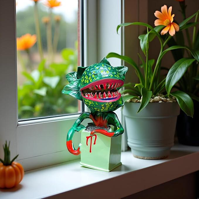 Horror Piranha Plant Garden Statue, 5.9" Tall Cannibal Plant Figurines Resin Chomper Corpse Flower Sculpture Halloween Decoration for Indoor Outdoor Home Office Desk Decor