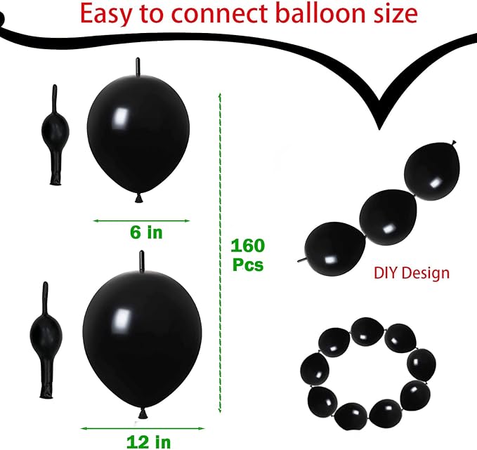Link Balloons Black 6 Inch 12 Inch Latex Quick Linkale Balloon 160 Pcs for Birthday, Halloween, Christmas, Party Festival Decorations