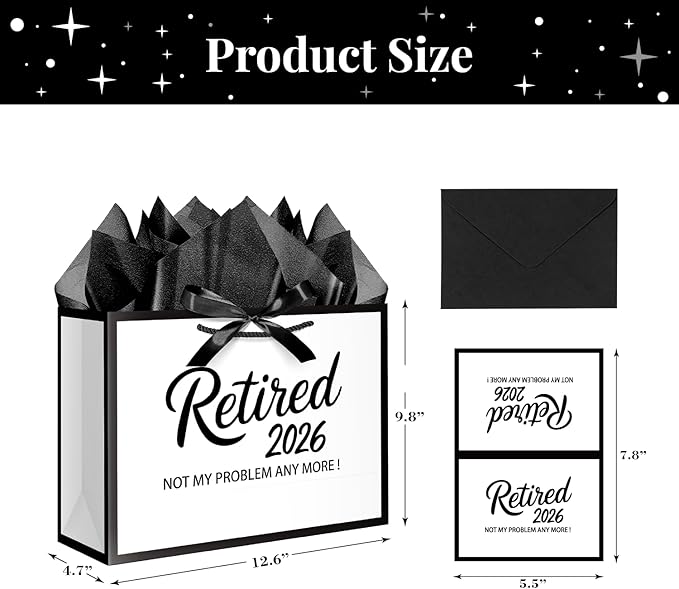 JWSCYSY 12.6" White and Metallic Black Retirement Gift Bag with Tissue Paper, Retired 2026 Gift Bag with Greeting Card for Men Women Retirement Party Decorations Supplies