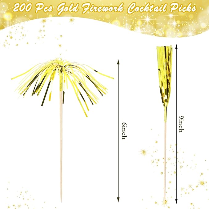 200Pcs Gold Cupcake Toppers, New Years Firework Cocktail Picks Gold Party Table Decorations Firework Toothpicks Fruit Skewers for Happy New Year Party Decorations Halloween Graduation Events