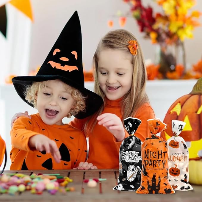 100 PCS Halloween Treat Bags(5x11 Inch) with Tie, Plastic Halloween Bags for Candy Goodie Goody Cookie Gift Wrap Night Party Favors Supplies Decorations Ghost Witch Castle Pumpkin Cellophane Pouch