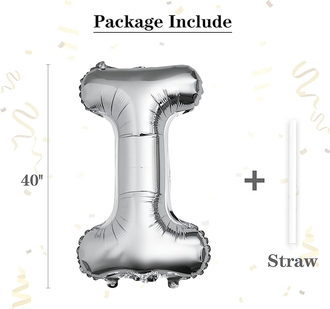 40 inch Silver Letter I Balloon, Big Size Alphabet Foil Mylar Helium Balloons for Birthday Party Celebration Wedding Anniversary Baby Shower Decorations Supplies Alphabet I