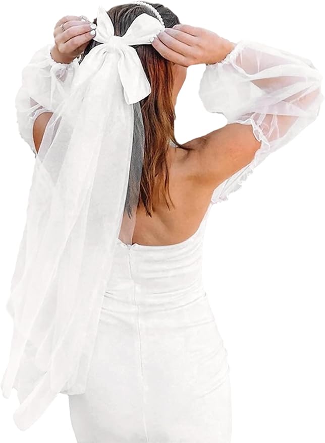 Bridal Veil Bachelorette Party Veil White Bow Wedding Veil Elegant Tulle Layer Hair Clip for Women and Girls
