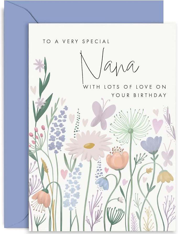 Old English Co. Birthday Card For Nana - Butterfly Hearts Flower Birthday Card for Her - Cute Birthday Card for Nan from Grandson Granddaughter - Birthday Cards for Her | Blank Inside with Envelope