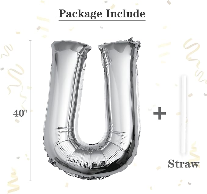 40 inch Silver Letter U Balloon, Big Size Alphabet Foil Mylar Helium Balloons for Birthday Party Celebration Wedding Anniversary Baby Shower Decorations Supplies Alphabet U
