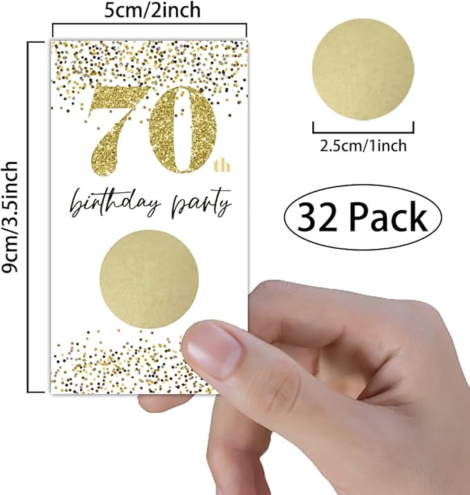 REWIDPARTY White Gold 70th Birthday Party Scratch Off Game Cards（32 PCS）Happy 70th Birthday Party Scratch Cards Cheers to 70 Years Party Supplies Activity for Birthday Raffle Tickets Kids Adults