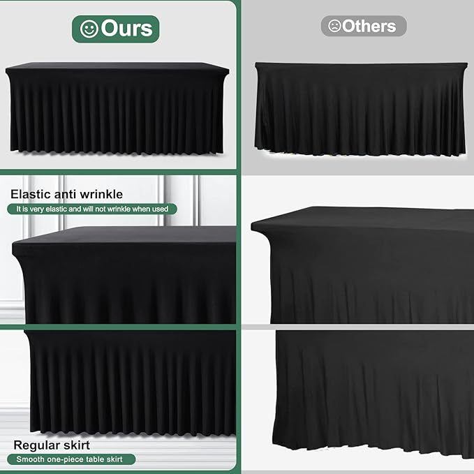 Table Skirts for Rectangle Tables 8ft - 2 Pack One-Piece Black Tablecloths and Skirt, Wrinkle Resistant Ruffles Elastic Cover for Banquets, Weddings, Events, Parties