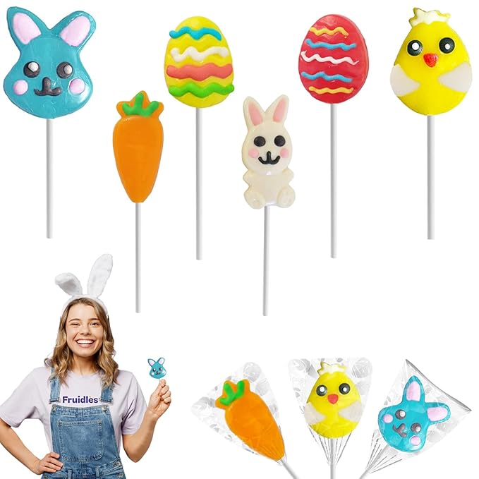 Fruidles Easter Variety Pack 12 Lollipops Suckers, Yellow Bunny Rabbit, Orange Carrot Designs Fat-Free, Individually Wrapped Easter Pops (12-Pack)