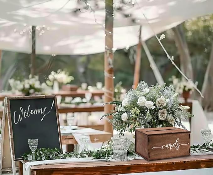 Wooden Wedding Card Box with Slot & Lid | Graduation Card Box | Rustic Vintage Decorations for Reception for Wedding Registry Gifts, Honeymoon Funds & Money | Baby & Bridal Shower - Standard Size