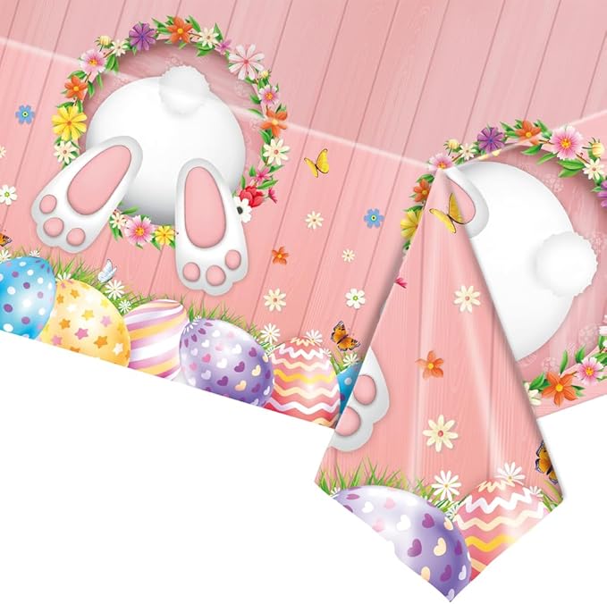 2 Pack Easter Plastic Table Cloth Waterproof Rectangle TableCovers Easter Table Covers Party Cloths Bunny Eggs Table Covers, 54 x 108 in