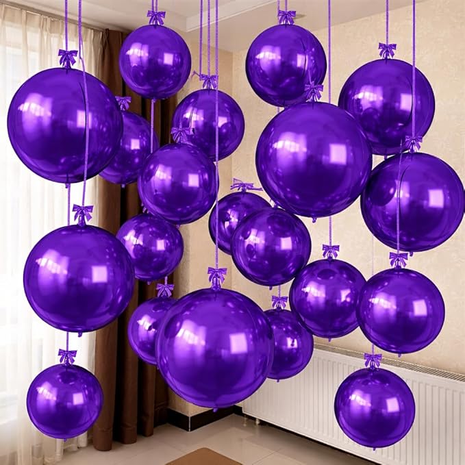 Togvu Purple Round Foil Balloons, 12PCS Different Sizes 4D Metallic Balloon Large Dark Purple Sphere Mirror Ball Balloons for Graduation Halloween Birthday Party Ceiling Decorations Supplies
