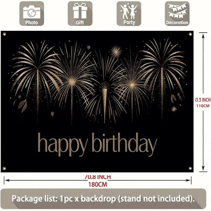 Happy Birthday Decorations Banner 71x43 Inch, Black Gold Fireworks Birthday Backdrop for Adult Party, Large Photo Booth Background Supplies