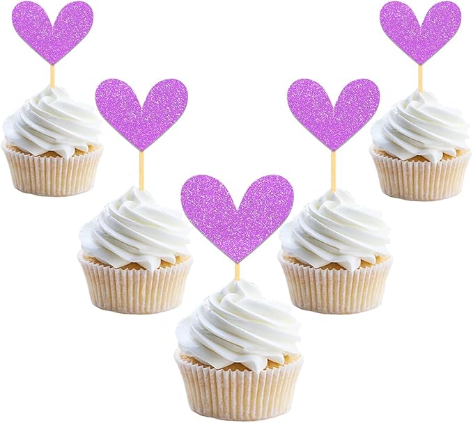 24Pcs Glitter Heart Cupcake Toppers for Valentine's Day Decorations, Mixed Size Double-Sided Heart Valentine's Day Cupcake Toppers for Wedding Bridal Shower Party Decorations (Purple)