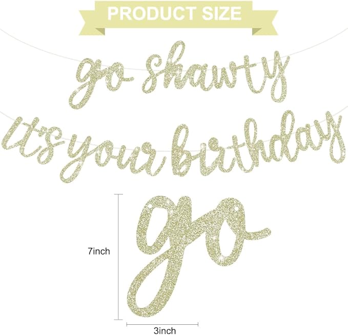 BEISHIDA Light Gold Go Shawty It's Your Birthday Banner - NO DIY - Hip Hop Theme Glitter Happy Birthday Banner - Pre-Strung - Black Rap Theme Happy Birthday Sign for Man Women birthday Party Supply