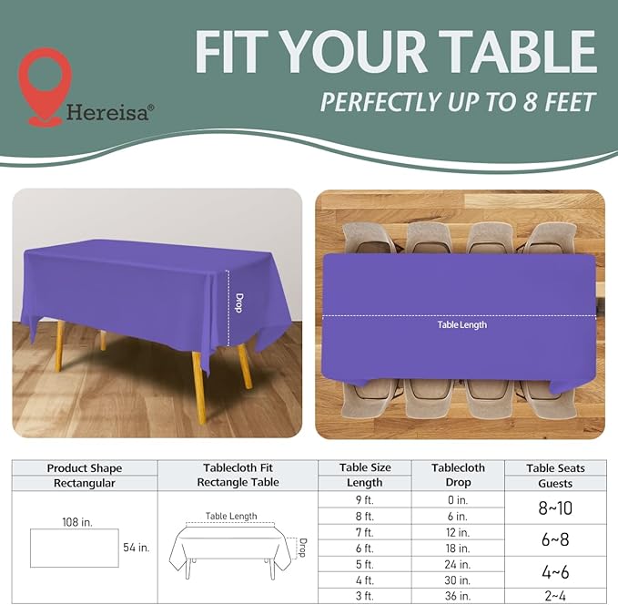 Disposable Plastic Tablecloth 54x108 Inch Rectangle - Purple, 4 Pack Waterproof & Tear-Resistant Party Table Cover for Dining, Picnic, Crafts, Holiday Decor