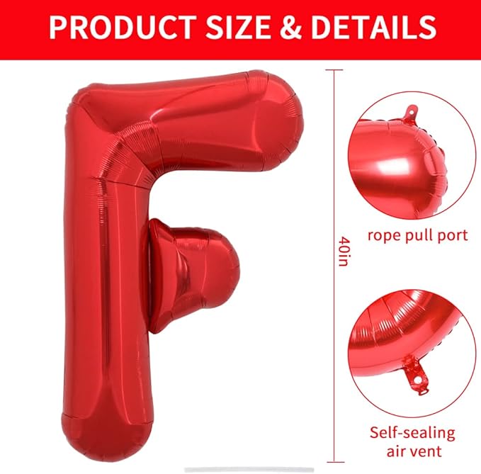 TONIFUL 40 Inch Large Bright Red Letter Balloons A-Z, Giant Jumbo Helium Foil Mylar Big Letter F Balloons for Birthday Party Anniversary Wedding Decorations