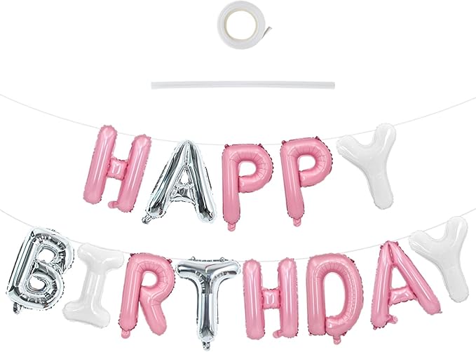 TONIFUL Happy Birthday Balloons Banner 16 Inch Mylar Foil Letters Birthday Sign Reusable for Girls Boys Kids & Adults Birthday Party Decorations Supplies（Pink Silver White）