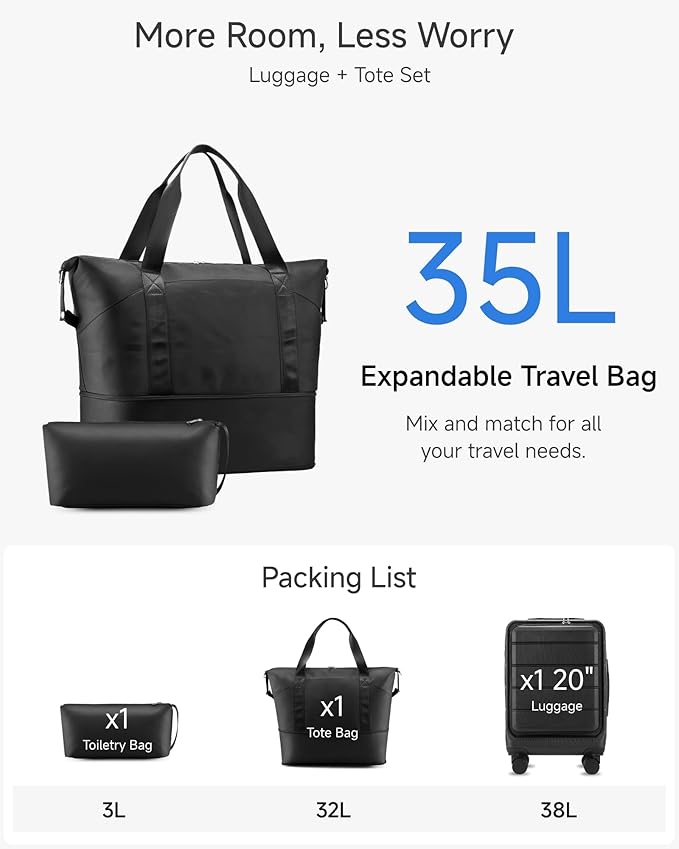 YOETEY Carry On Luggage 22x14x9 Airline Approved, 20" Hardside Suitcase with Front Pocket for Laptop, Lightweight Spinner Luggage with TSA Lock & Matching Tote Bag (3 Piece Sets, Black)