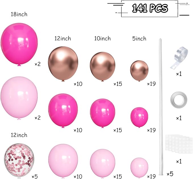 Pink Balloon Garland Arch Kit, 141Pcs Different Shades of Pink Balloons with Rose Gold Confetti for Mother's Day Bridal Baby Shower Birthday Princess Wedding Party Decorations