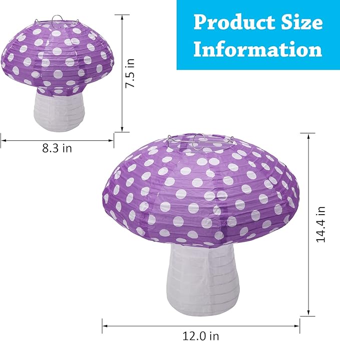 4Pcs Mushroom Shaped Paper Lanterns, Windspeed Large Paper Lantern Mushroom Shaped Paper Lantern For Nursery Garden Christmas Party Decoration 8 inch, 12 inch (Purple)