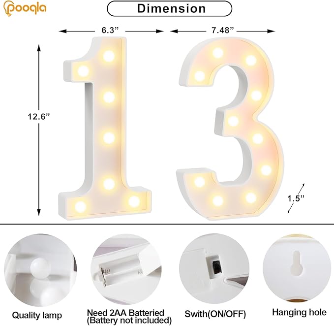 Pooqla 13th Birthday Decorations for Girls Boys, Large 12.6 in Tall Light Up Numbers for 13th Party Decorations Table Decor, Big Marquee Numbers 13th Birthday Gift for Girls Wedding Anniversary Decor