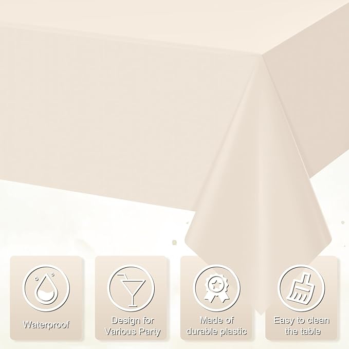 6Pcs Beige Tablecloths for Rectangle Tables,Disposable Plastic Ivory Table Cloth,Waterproof Cream Table Cover for Birthdays Weddings Anniversary Party Decorations,54 x 108 Inch