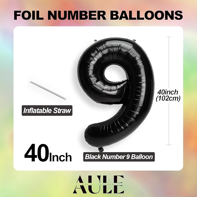 AULE 40 Inch Big Black 9 Balloon Number Large Foil Helium Number Balloons 0-9 Jumbo Giant Happy 9th Birthday Party Decorations for Boy or Girl Huge Mylar Anniversary Party Supplies