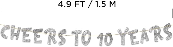 Pre-Strung Cheers to 10 Years Silver Glitter Banner - 10th Birthday and Anniversary Decorations for Boys and Girls - Party Supplies and Gifts
