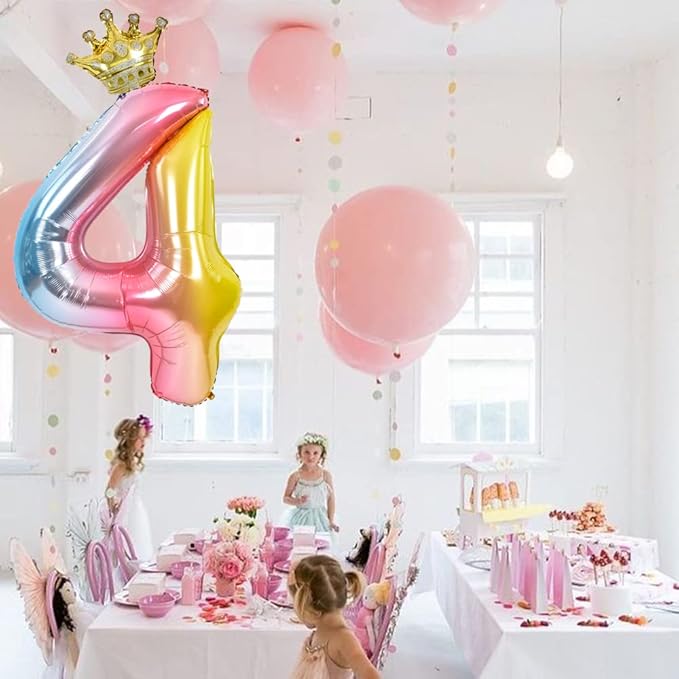 TONIFUL 40 Inch Rainbow Gradient Number 4 Balloon with Detachable Crown Foil Mylar Big Digital Four Colorful Balloon for Birthday Party,Wedding,Bridal Shower,Engagement Photo Shoot, Anniversary Decor