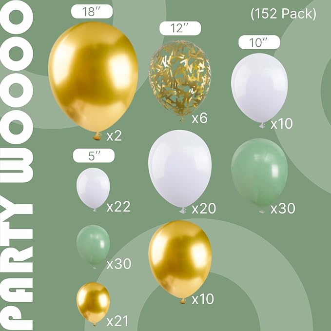 PartyWoo Sage Green Balloon Arch Kit Garland 152pcs Different Sizes of 18 12 10 5 Inch Olive Dusty Green White Gold Confetti Boho Balloons for Baby Shower Graduation Birthday Jungle Party Decorations