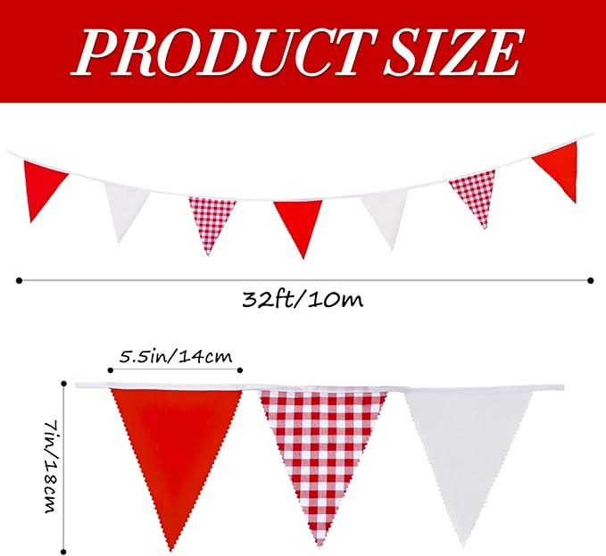 32 Ft Red Plaid Checkered White Pennant Banner Flags Triangle Bunting Garland for Carnival Red Party Decorations for Christmas Wedding Birthday Picnic Outdoor Family Holiday Celebrations