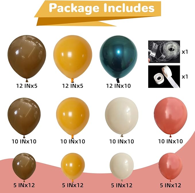 Green and Brown Balloon Arch Kit Double Stuffed Teal Green Mustard Yellow Orange Brown Coffee Beige Retro Balloon for Wild Safari Jungle Hunting Birthday Baby Shower Party Decorations