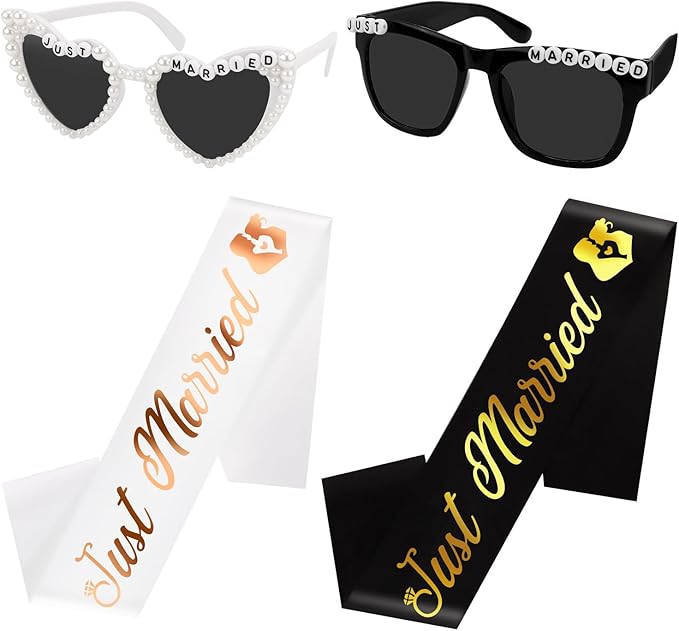 Just Married Bride and Groom Sunglasses and Sash for Just Married Wedding Party Decorations