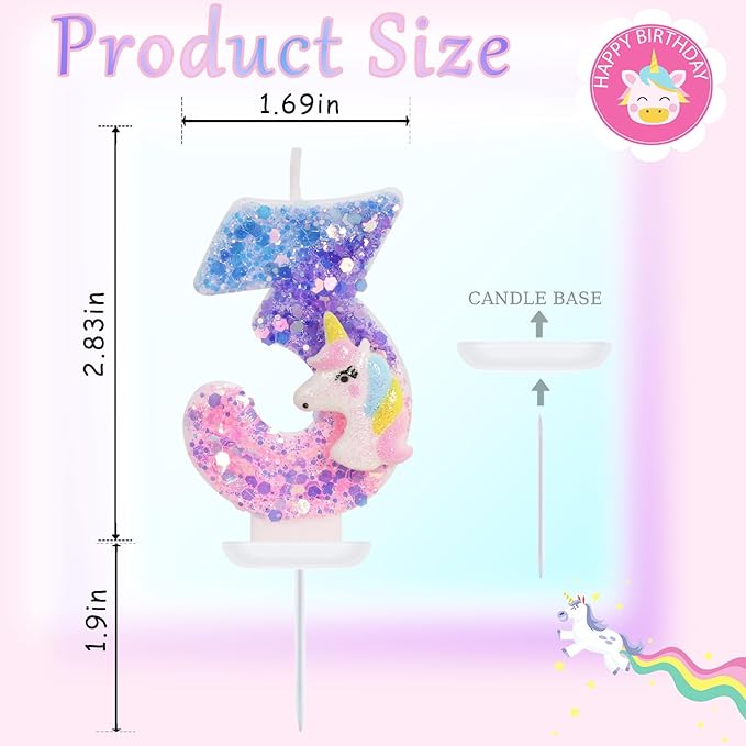 Unicorn Candle - Number 3 Candle, 3rd Birthday Decorations for Girls, Colorful Sequins Birthday Candles for Cake, Cartoon Unicorn Theme Party Decorations