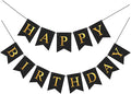 Black Happy Birthday Banner Birthday Party Banner NO DIY Happy Birthday Sign Metallic Gold Pre-Strung Birthday Hanging Decoration for Women Men Girl Boy Party Supplies (Black)