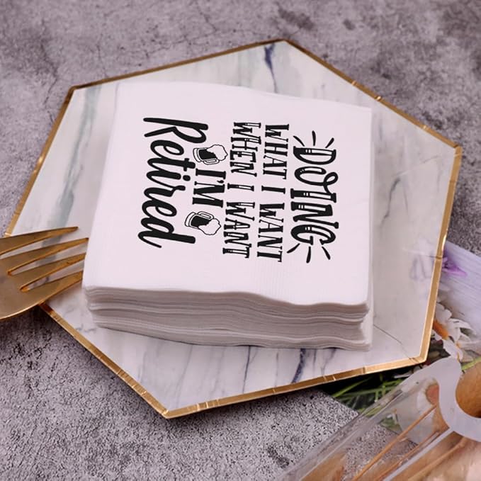 Retirement Cocktail Napkins Party Napkins Beverage Napkins Bar Napkins Disposable Paper Novelty Humorous Gag Gift 100Pcs 4.5 x 4.5 6-ply (Doing What I Want When I Want I'm Retired)