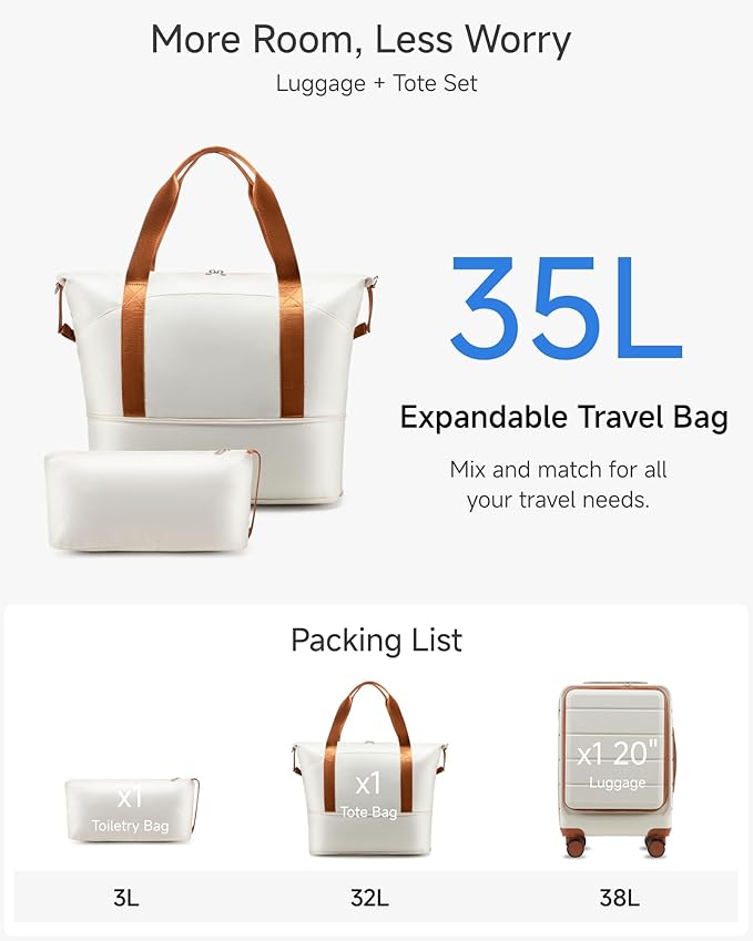 YOETEY Carry On Luggage 22x14x9 Airline Approved, 20" Hardside Suitcase with Front Pocket for Laptop, Lightweight Spinner Luggage with TSA Lock & Matching Tote Bag (3 Piece Sets, White)