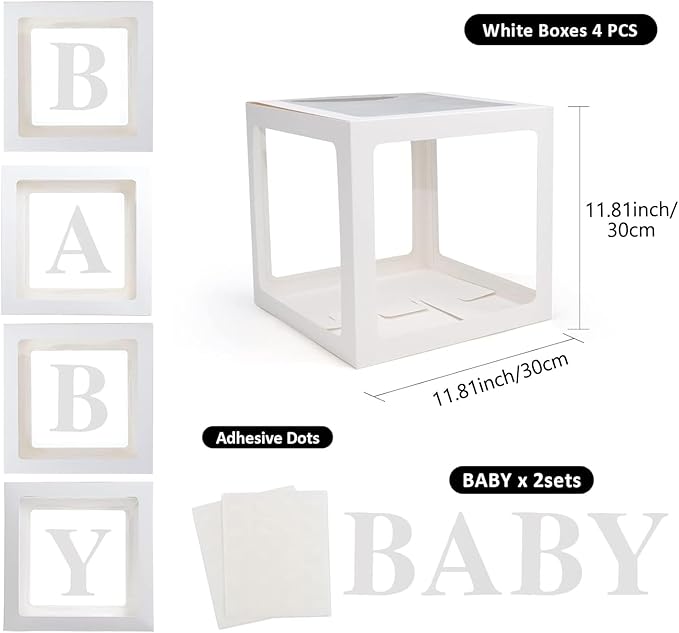 Baby Boxes with Letters, 4 Transparent Balloon for Gender Reveal Birthday Wedding Baby Shower Decorations (White)