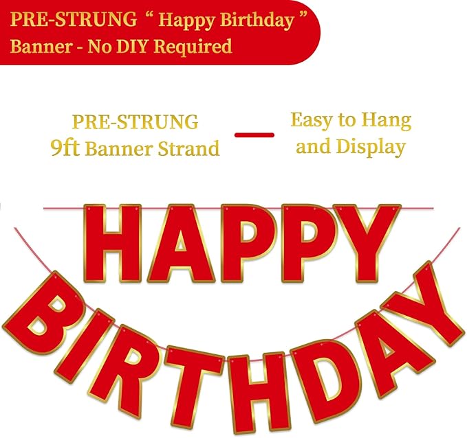 Happy Birthday Banner - 9ft Pre-Strung Happy Birthday Sign for Women, Men, Girls, Boys - No DIY Birthday Decorations & Party Supplies(Red)