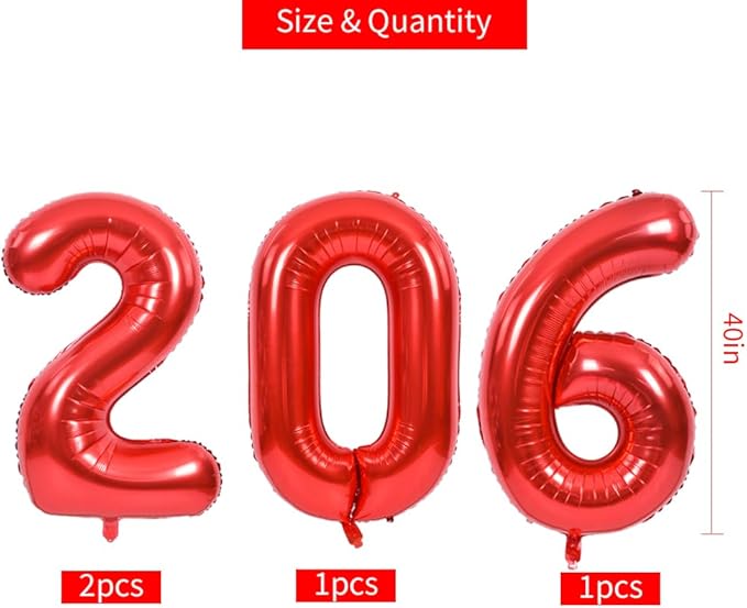 TONIFUL 2026 Graduation Balloons 42Inch Red 2026 Number Balloons Aluminum Foil Mylar Balloons for New Year Eve Graduation Decorations Class of 2026 Christmas Anniversary 2026 Grad Party Supplies