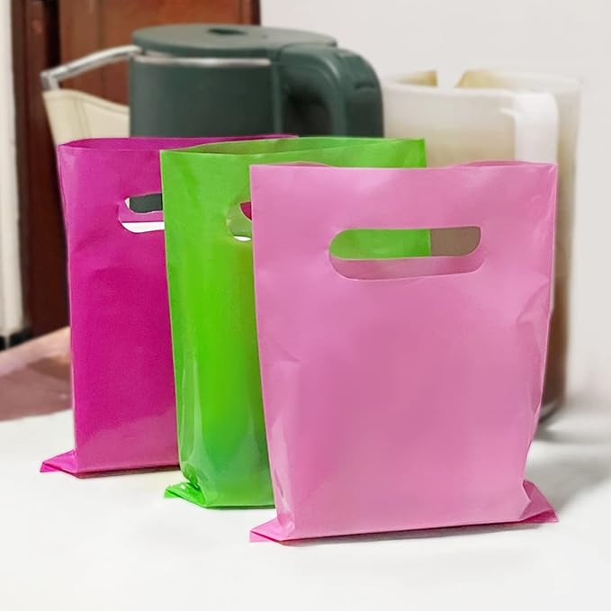 Plastic Party Favor Bags, 50 PCS 6" x 8" Assorted Color Party Goodie Bags for Kids, Plastic Favor Bag Bulk with Handle for Kids Birthday Party, Christmas, Halloween, Weddings