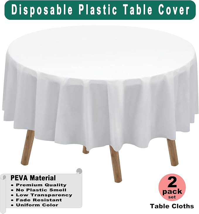 White Plastic Tablecloths 2 Pack Disposable Table Covers 84 Inch Circle Bridal Shower Party Tablecovers PEVA Solid Table Cloths for BBQ Picnic Birthday Wedding Banquet Parties 6 ft Round Table Use